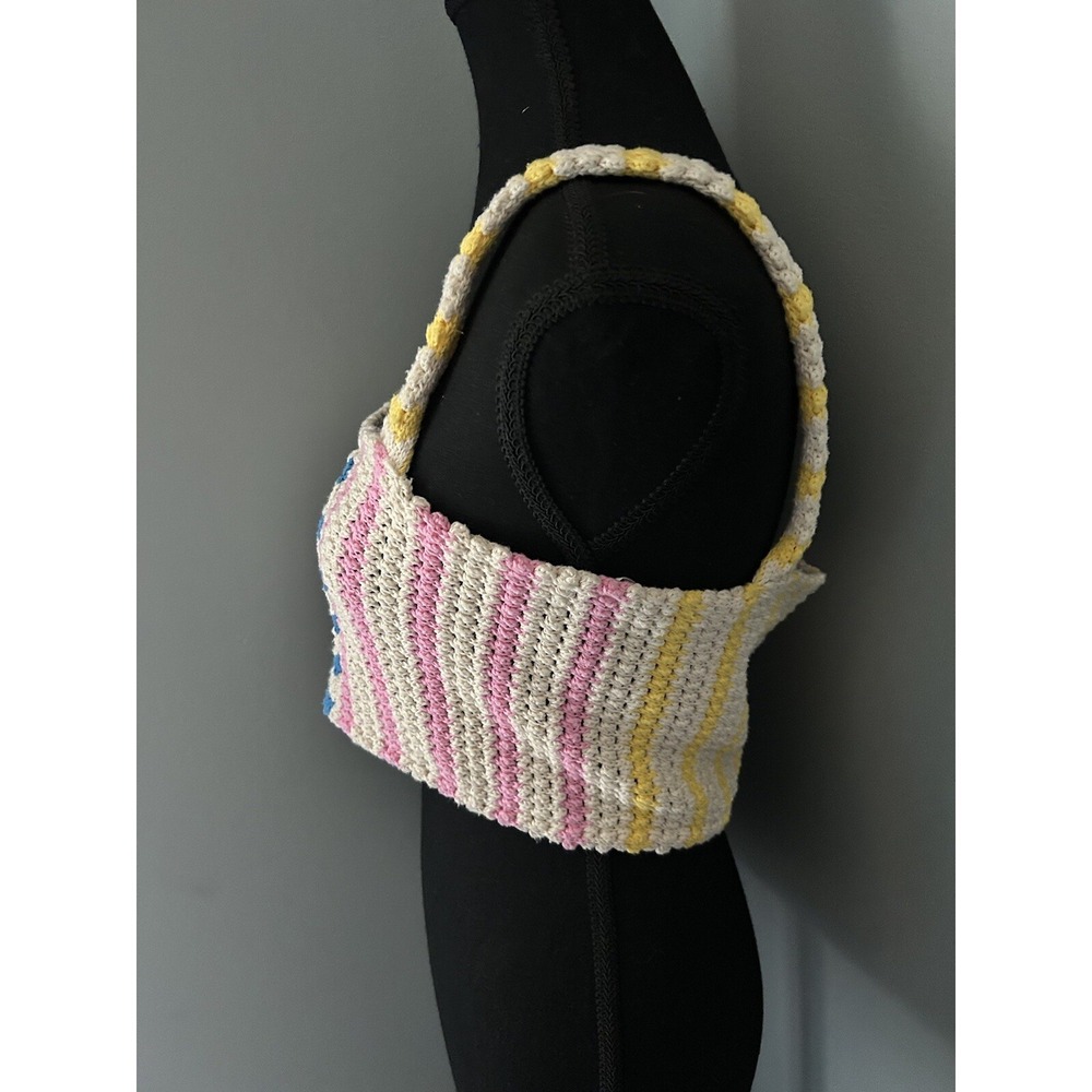 Zara Multi Color Crochet Striped Knit Crop Top Medium Tank 100% Cotton Summer - Picture 3 of 7